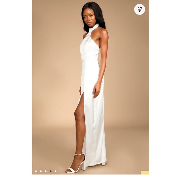Headed Towards Romance White Satin Backless Halter Maxi Dress |  thepadoctor.com